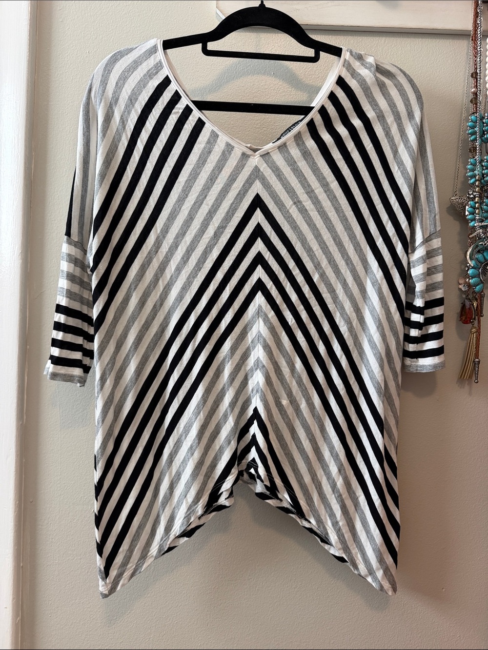 White House Black Market-  Black & White Striped V-Neck Top